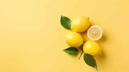 Fresh lemons with green leaves on yellow background. Flat lay, top viewの素材