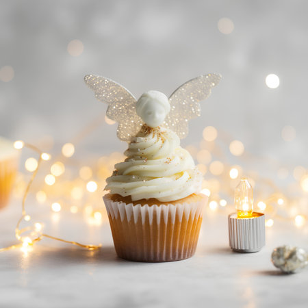 Cupcake with angel wings and candle on bokeh backgroundの素材