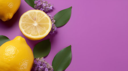 Lemons and lilac flowers on a purple background with copy spaceの素材
