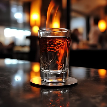 Hot drink in a glass on a table in a bar with reflectionの素材