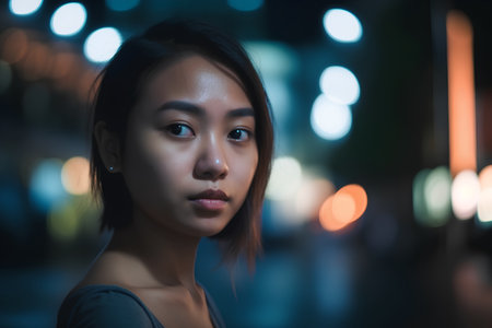 Portrait of beautiful Asian woman in the city at night time.の素材