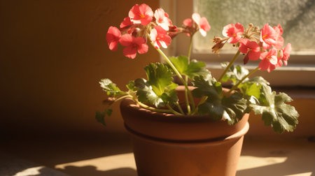 Geraniums in a clay pot on the windowsill. Selective focus.の素材
