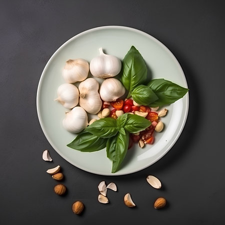 Fresh basil leaves, garlic, tomatoes and nuts on a plate on a black backgroundの素材