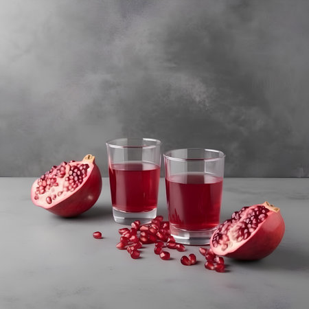 Pomegranate juice in a glass and ripe pomegranates on a gray backgroundの素材