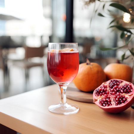 A glass of pomegranate juice on a table in a cafeの素材