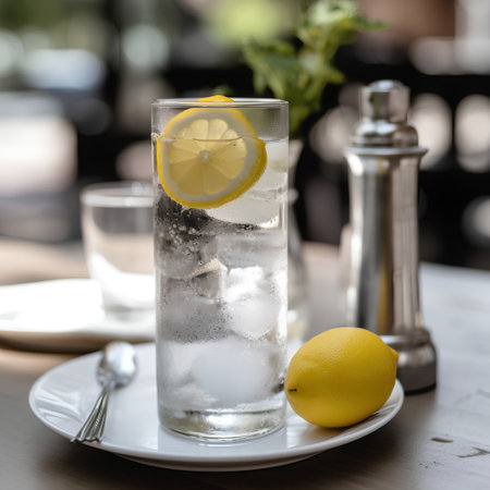 Glass of lemonade with ice cubes and lemon slice on wooden tableの素材