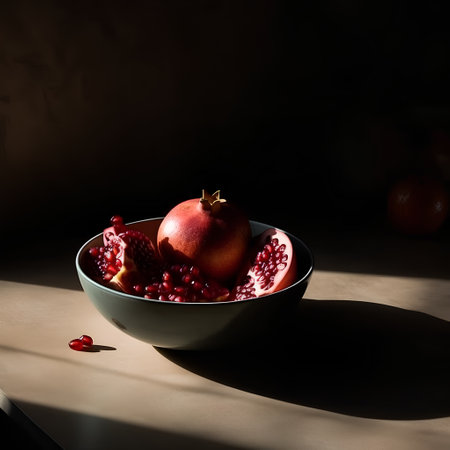 Ripe pomegranate in a bowl on a dark backgroundの素材
