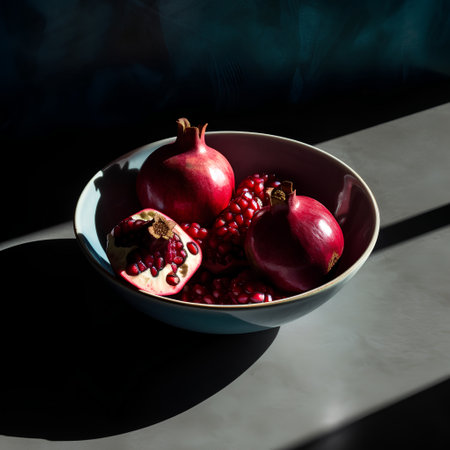 Ripe pomegranates in a bowl on a dark backgroundの素材