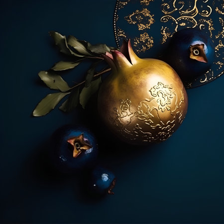 Pomegranates and blueberries on a dark blue background.の素材