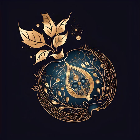 Pomegranate fruit with golden ornament on dark blue background.の素材