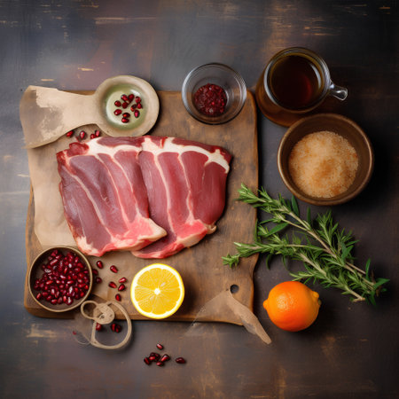 Raw pork with ingredients for cooking on wooden background. Top view.の素材