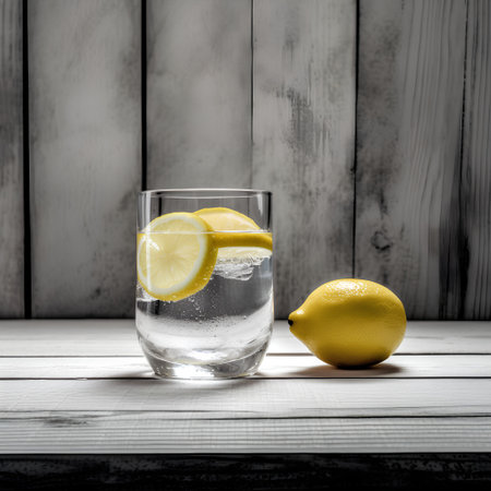 Glass of water with lemon and ice cubes on a wooden background.の素材