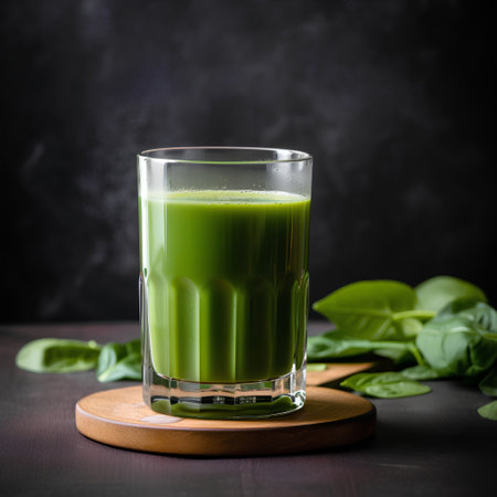 Glass of fresh spinach smoothie on dark background. Healthy food concept.の素材