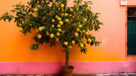 Mango tree with ripe yellow fruits on the background of orange wallの素材