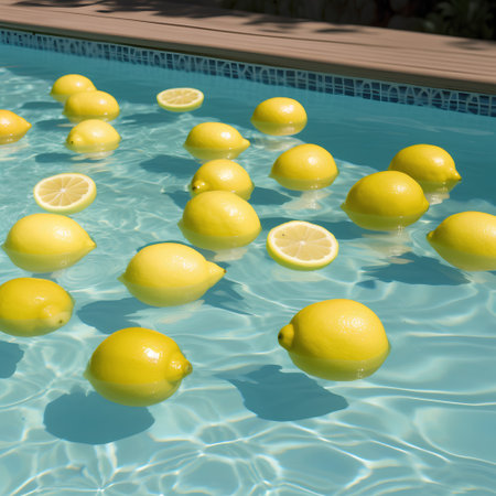 Lemons floating in swimming pool, summer vacation concept. Top view.の素材
