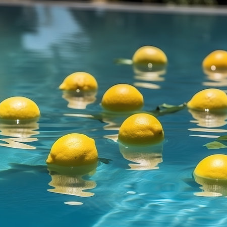 Lemons floating in a swimming pool with reflection on water surfaceの素材