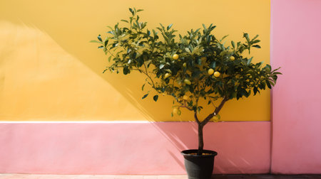 Lemon tree on the colorful wall. Bright yellow and pink background.の素材