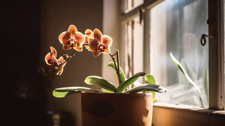 Orchids in a pot on the windowsill at sunset.の素材