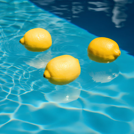 Lemons floating in swimming pool with water reflections and blue backgroundの素材
