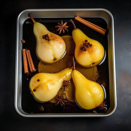 Baked pears with cinnamon, anise and cloves in a baking dish on a dark backgroundの素材