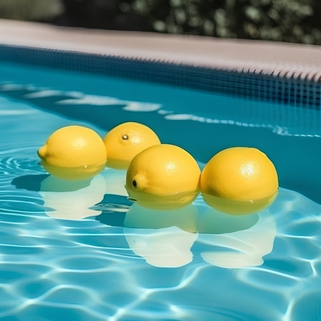 Lemons on the edge of a swimming pool with water reflectionの素材