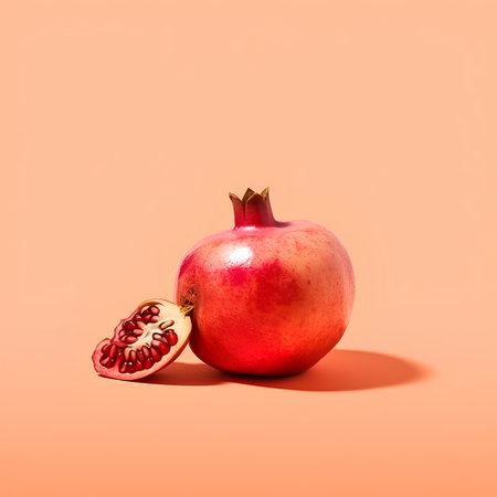 Ripe pomegranate fruit on orange background with shadow.の素材