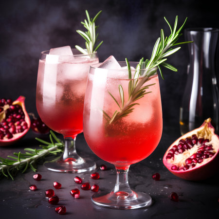 Alcoholic cocktail with pomegranate and rosemary on black backgroundの素材