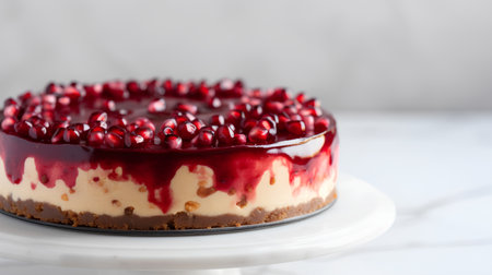 Homemade cheesecake with pomegranate seeds on a white plateの素材