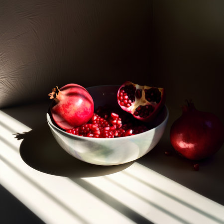 Ripe pomegranates in a bowl on a dark backgroundの素材