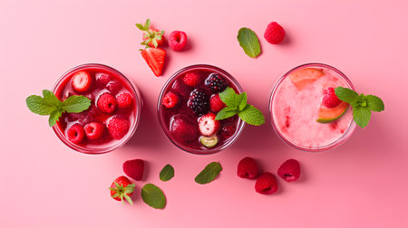Strawberry, raspberry and mint smoothie in glass on pink backgroundの素材