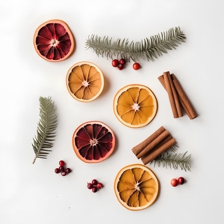 Christmas composition with dried oranges, cinnamon sticks and cranberries on white backgroundの素材