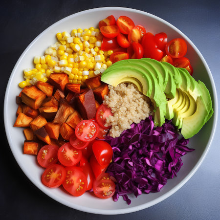 Vegetable salad with avocado, tomato, corn, red cabbage and quinoa in a bowl on a dark background, top viewの素材
