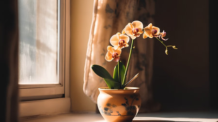 Beautiful orchid flower in a pot on the windowsill.の素材
