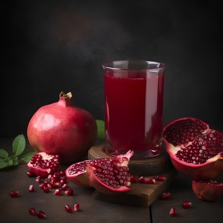Pomegranate juice in a glass and fresh fruits on wooden backgroundの素材