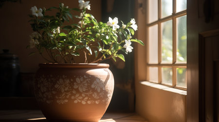 Vase with white jasmine flowers on the windowsill.の素材