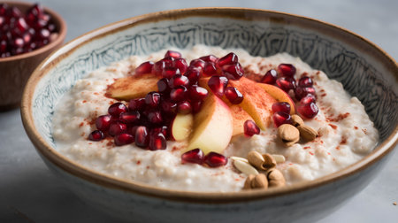 Oatmeal porridge with pomegranate seeds and nuts.の素材