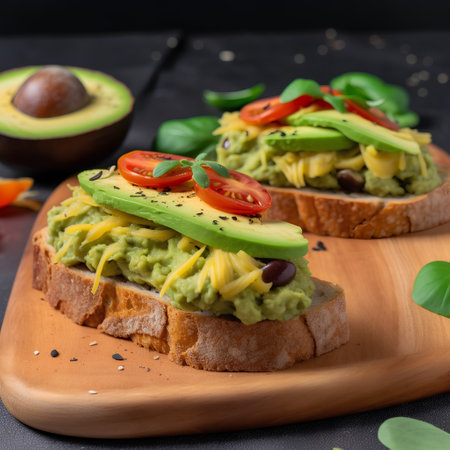 Avocado toast with cherry tomatoes, black olives and basil.の素材