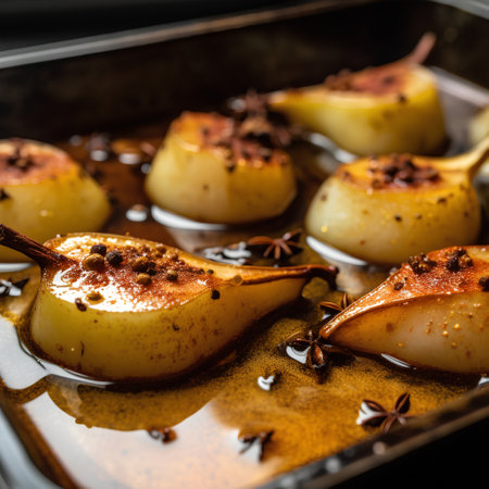 Roasted pears with cinnamon, anise and cloves on baking tray.の素材