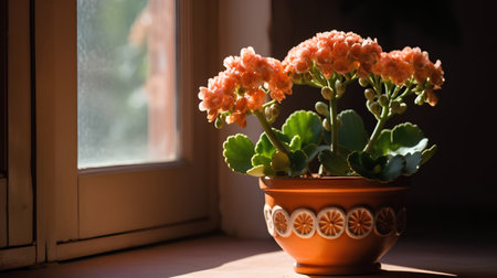 Flower pot on the windowsill in the rays of the sunの素材