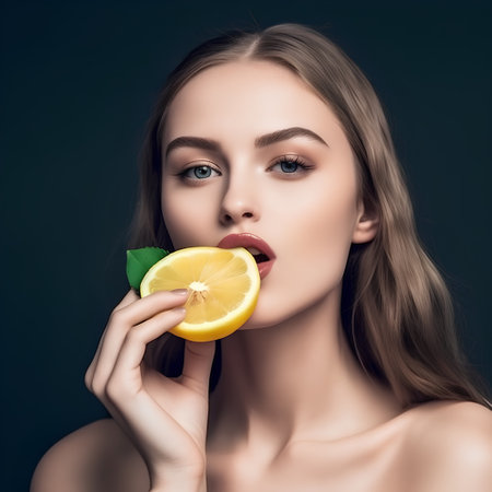Portrait of beautiful young woman with lemon. Healthy lifestyle concept.の素材