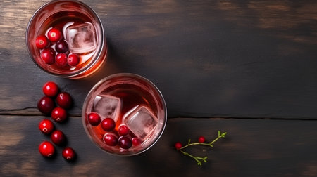 Cranberry cocktail on wooden background. Top view with copy spaceの素材