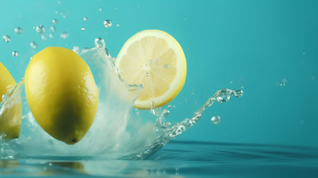Fresh lemons falling into water with splash on turquoise backgroundの素材
