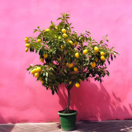 Lemon tree with ripe yellow lemons on the background of pink wallの素材