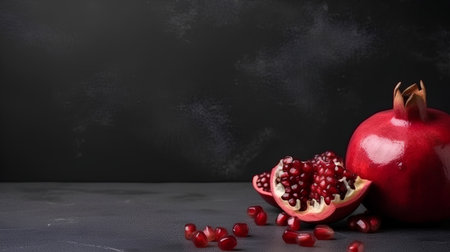 Ripe pomegranate fruit on a dark background with copy spaceの素材