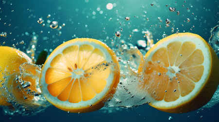 Slices of lemon and orange in water splash on blue backgroundの素材