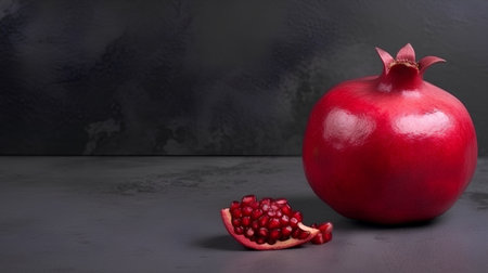 Ripe pomegranate fruit on a black background with copy spaceの素材