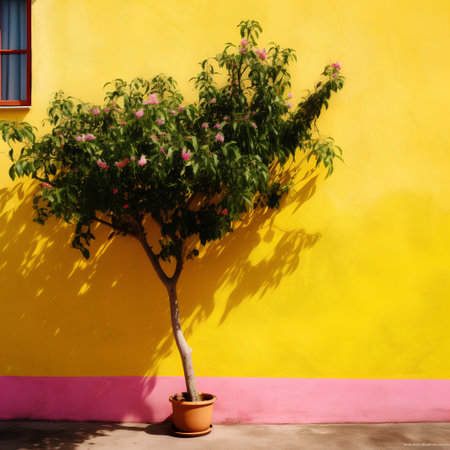 Tree with pink flowers in a pot on the background of a yellow wallの素材