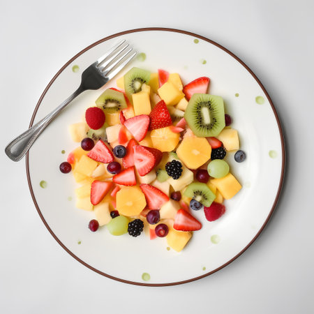 Plate with fresh fruit salad on white background, top view.の素材