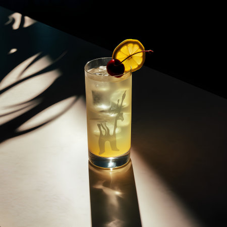 Cocktail with lemon and cherry in a glass on a black background