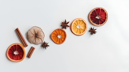 Christmas decoration with dried oranges, cinnamon and anise on white backgroundの素材